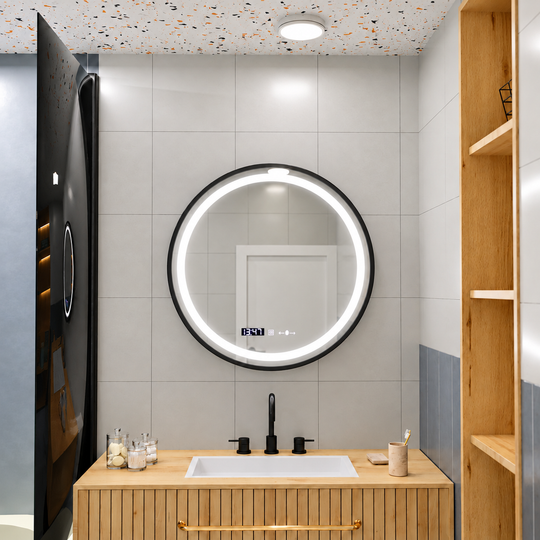 LED Στρογγυλός καθρέφτης, 80cm, Celeste Majesté Noir MotionGlow Marcello, Σύστημα Demister, Ρολόι & Θερμόμετρο, Ρυθμιζόμενο
