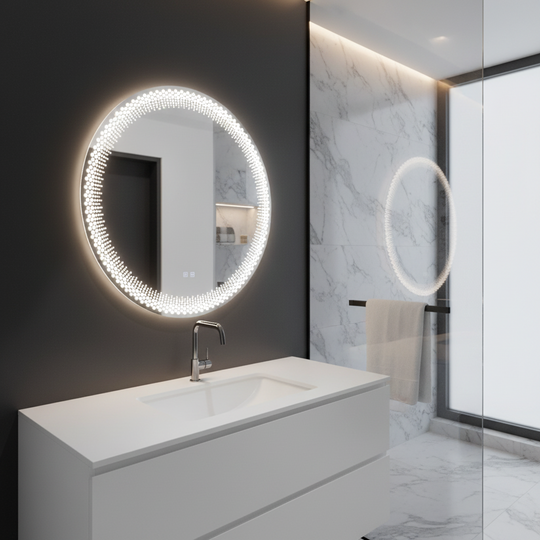 Nexos Στρογγυλός καθρέφτης LED, 60cm, 24W, Θερμό/Ψυχρό/Ουδέτερο φως, Αισθητήρας, Σύστημα Demister, Ρολόι, Ρυθμιζόμενο