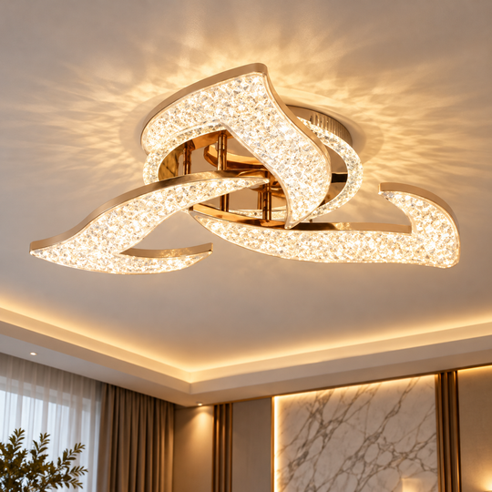 Πολυέλαιος LED HALESA Elegance με τηλεχειριστήριο και κρύσταλλο, 44W, 3 πηγές, Κρύο/Ζεστό/Ουδέτερο φως, Ρυθμιζόμενο, Χρυσό