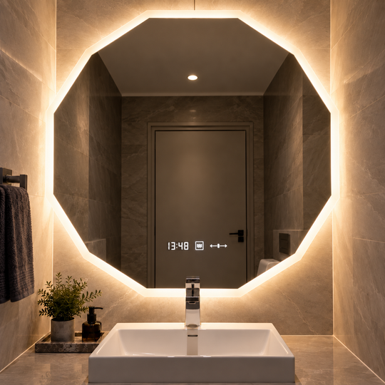 Καθρέφτης LED 70cm, Αισθητήρας POLIGON MotionGlow Marcello, Σύστημα αποθολώματος, Ρολόι & Θερμόμετρο, Dimabila 084