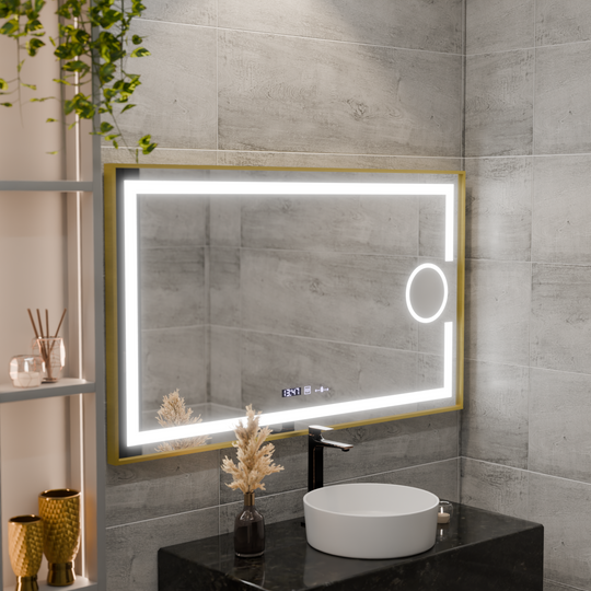 Ορθογώνιος καθρέφτης LED, 120x80 cm, Eclat MotionGlow Marcello, Σύστημα αποθάμβωσης, Ρολόι & Θερμόμετρο, Καλλυντικό Μεγεθυντικός φακός, Dimable, Βουρτσισμένο χρυσό πλαίσιο Marcello Mirrors Προεπιλεγμένος τίτλος Alessandro Design