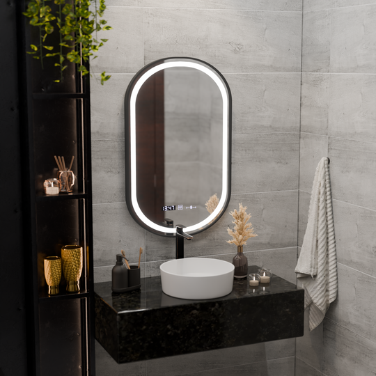 LED Touch Helmut Mirror, Demister System, Clock and Temperature 45x90 cm, Black Frame, Brushed Marcello Funghi Mirrors Korman S Προεπιλεγμένος τίτλος Alessandro Design