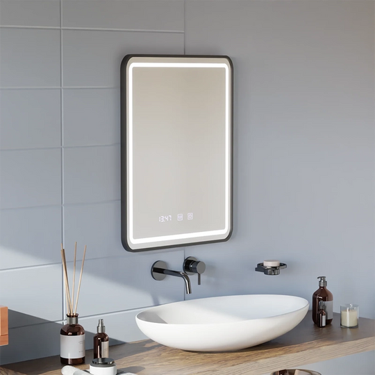 Καθρέφτης LED Touch LUCIDA Σύστημα Αποθάμπωσης, Ρολόι και Θερμοκρασία 60x80 cm Βουρτσισμένο μαύρο πλαίσιο