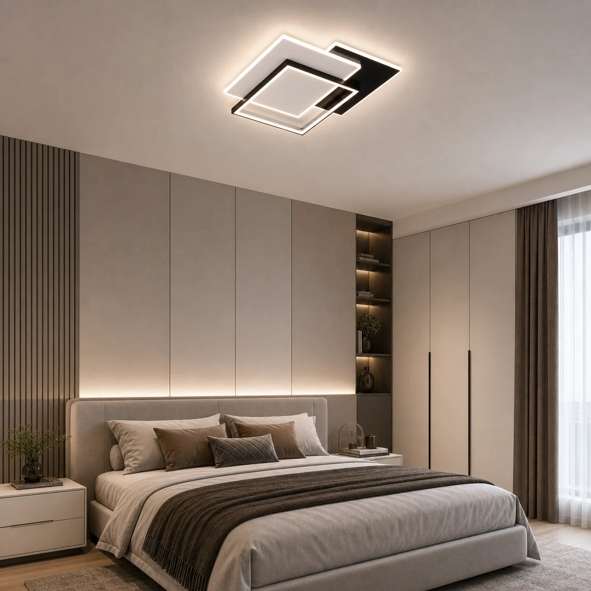 Πολυέλαιος LED με τηλεχειριστήριο CHIARA 98W, 3 Τετράγωνα, Κρύο/Ζεστό/Ουδέτερο φως, Ρυθμιζόμενο, Μαύρο - LT633-500P_place_bedroom.png