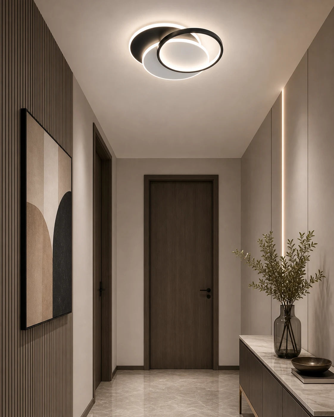 Πολυέλαιος LED με τηλεχειριστήριο CHIARA 67W, 3 κύκλοι, κρύο/θερμό/ουδέτερο φως, ρυθμιζόμενο, μαύρο - LT633-500R_place_hallway.png