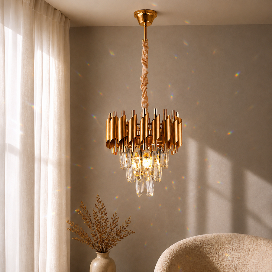 Crystal Chandelier VERSAILLES Petito 3xE14, Διάμετρος 30cm, Χρυσός, Ρυθμιζόμενο Ύψος, Metal and Crystal Crystal Chandeliers Προεπιλεγμένος τίτλος Alessandro Design