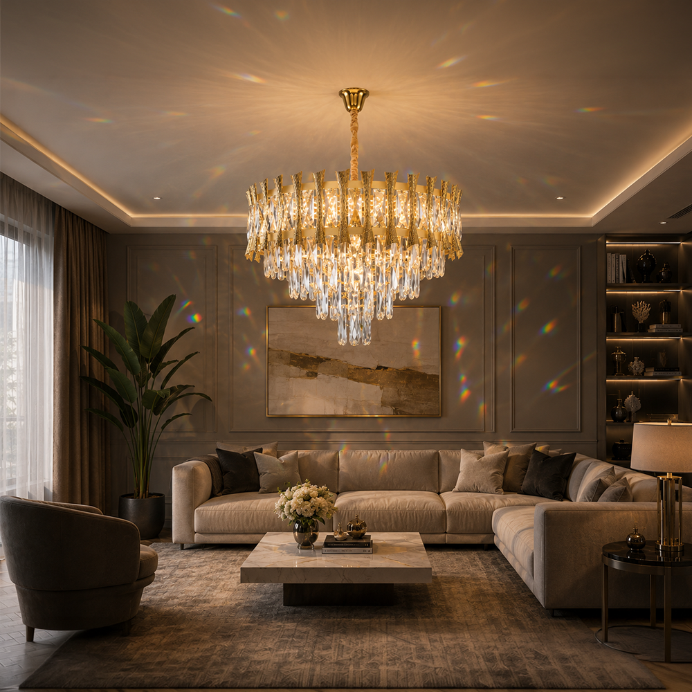 Crystal Chandelier HAMPTON Petito 3xE14, Diameter 30cm, Shiny Gold, Ρυθμιζόμενο ύψος Crystal Chandelier Προεπιλεγμένος τίτλος Alessandro Design