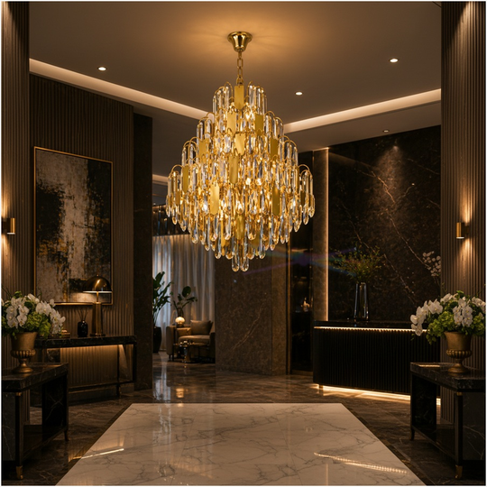 Candelabru TIER Magno auriu cu cristale, imagine principală