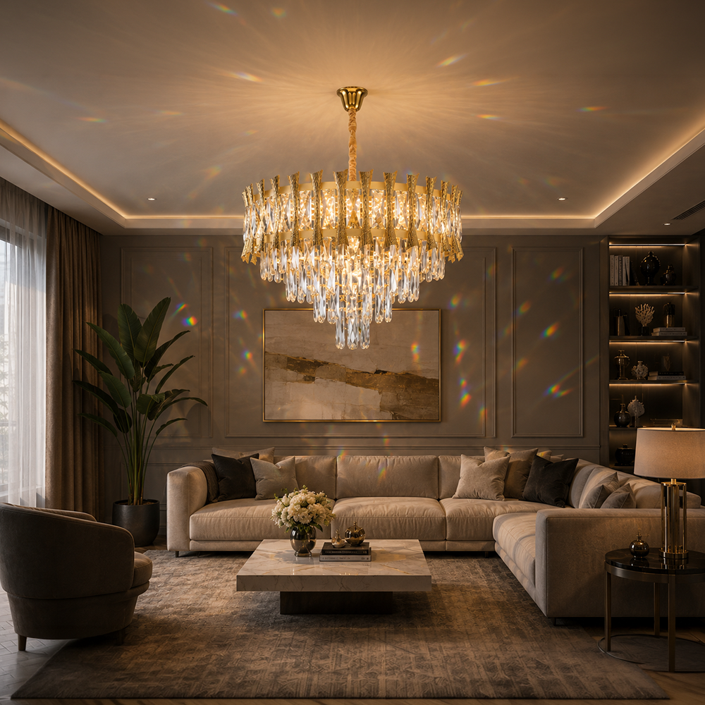 Crystal Chandelier HAMPTON Petito 3xE14, Diameter 30cm, Shiny Gold, Ρυθμιζόμενο ύψος Crystal Chandelier Προεπιλεγμένος τίτλος Alessandro Design