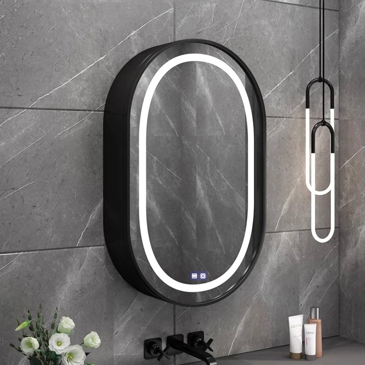Καθρέφτης LED με Ντουλάπι, Οβάλ, 50x80cm, Ατμόσφαιρα, Κρύο/Ζεστό/Ουδέτερο φως, Μαύρο πλαίσιο, Αποθηκευτικός χώρος Ντουλάπι Καθρέφτες Προεπιλεγμένος τίτλος Alessandro Design