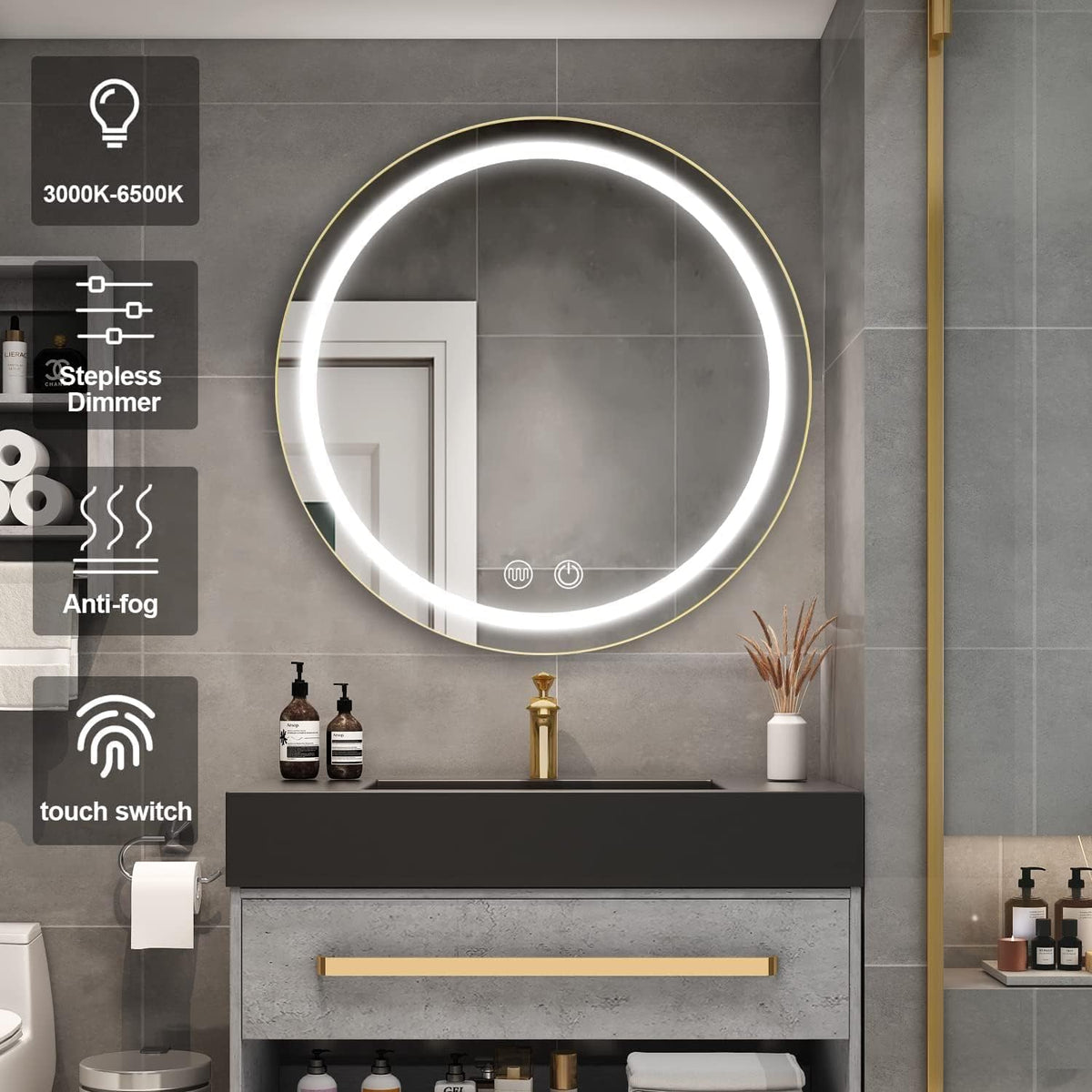 Καθρέφτης LED με Ντουλάπι, Στρογγυλός, 10W, 50x50cm, Demist, Μαύρο πλαίσιο, Αποθηκευτικός Χώρος Ντουλάπι Καθρέφτες Προεπιλεγμένος τίτλος Alessandro Design