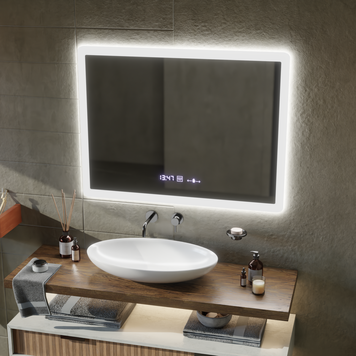 Ορθογώνιος καθρέφτης LED, 80x60 cm, αισθητήρας ELANCEE MotionGlow Marcello, Σύστημα αποθαμβώματος, Ρολόι & Θερμόμετρο, Dimable Mirrors Marcello Προεπιλεγμένος τίτλος Alessandro Design