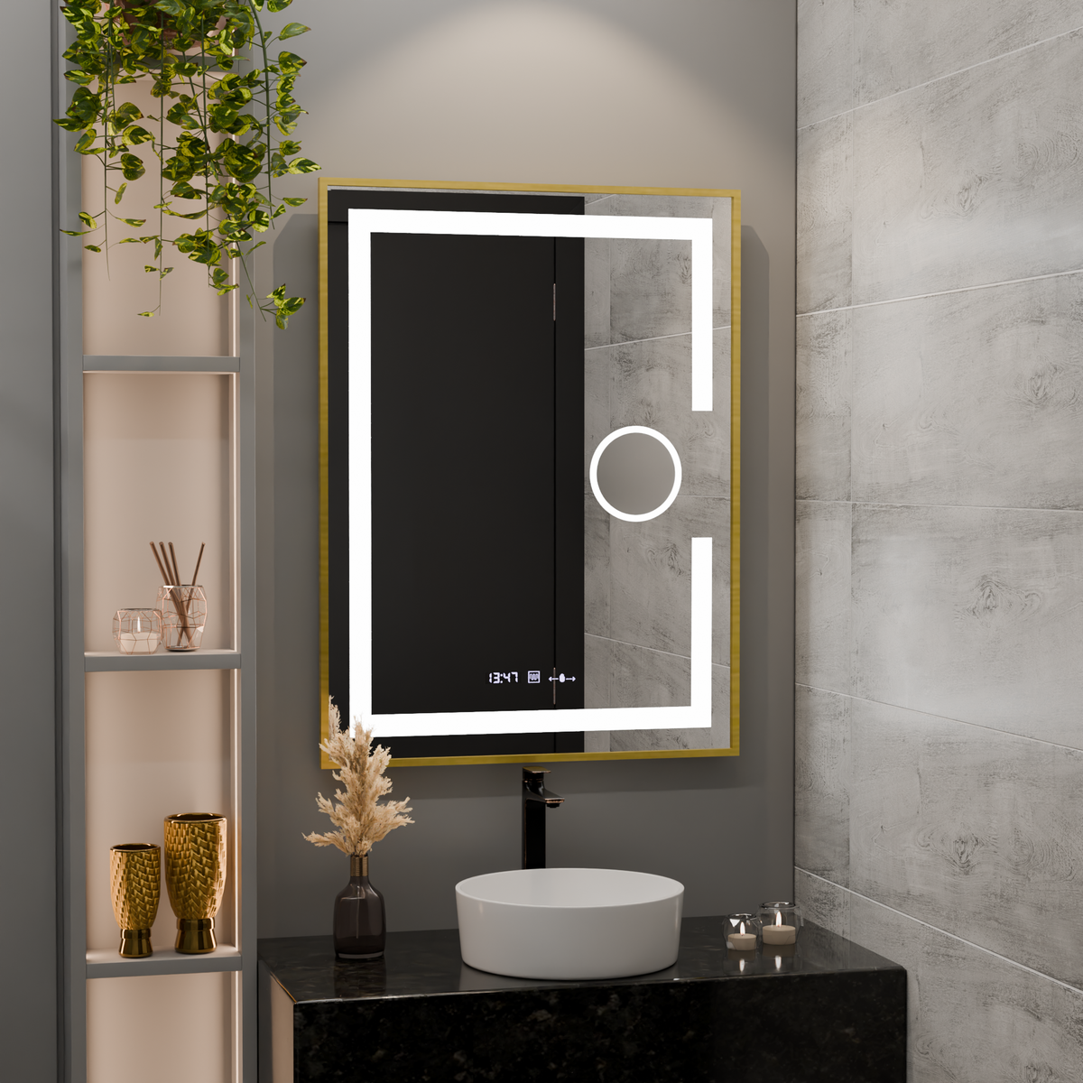 Ορθογώνιος καθρέφτης LED, 60x80 cm, Eclat MotionGlow Marcello, Σύστημα αποθάμβωσης, Ρολόι & Θερμόμετρο, Καλλυντικός Μεγεθυντικός φακός, Dimable, Βουρτσισμένο χρυσό πλαίσιο καθρέφτες Marcello Προεπιλεγμένος τίτλος Alessandro Design