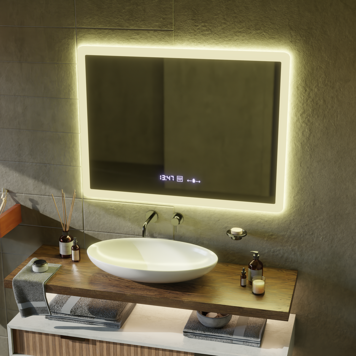 Ορθογώνιος καθρέφτης LED, 80x60 cm, αισθητήρας ELANCEE MotionGlow Marcello, Σύστημα αποθαμβώματος, Ρολόι & Θερμόμετρο, Dimable Mirrors Marcello Προεπιλεγμένος τίτλος Alessandro Design
