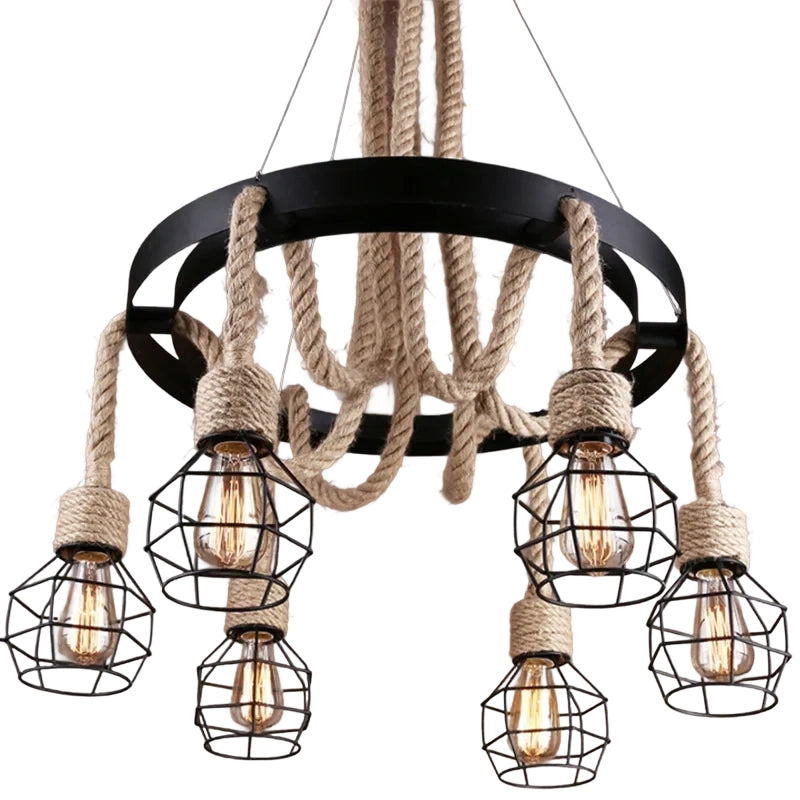 Wheel Chandelier LV580/6BK, 6xE27, Brown, Metal and String Vintage Chandeliers Προεπιλεγμένος τίτλος Alessandro Design