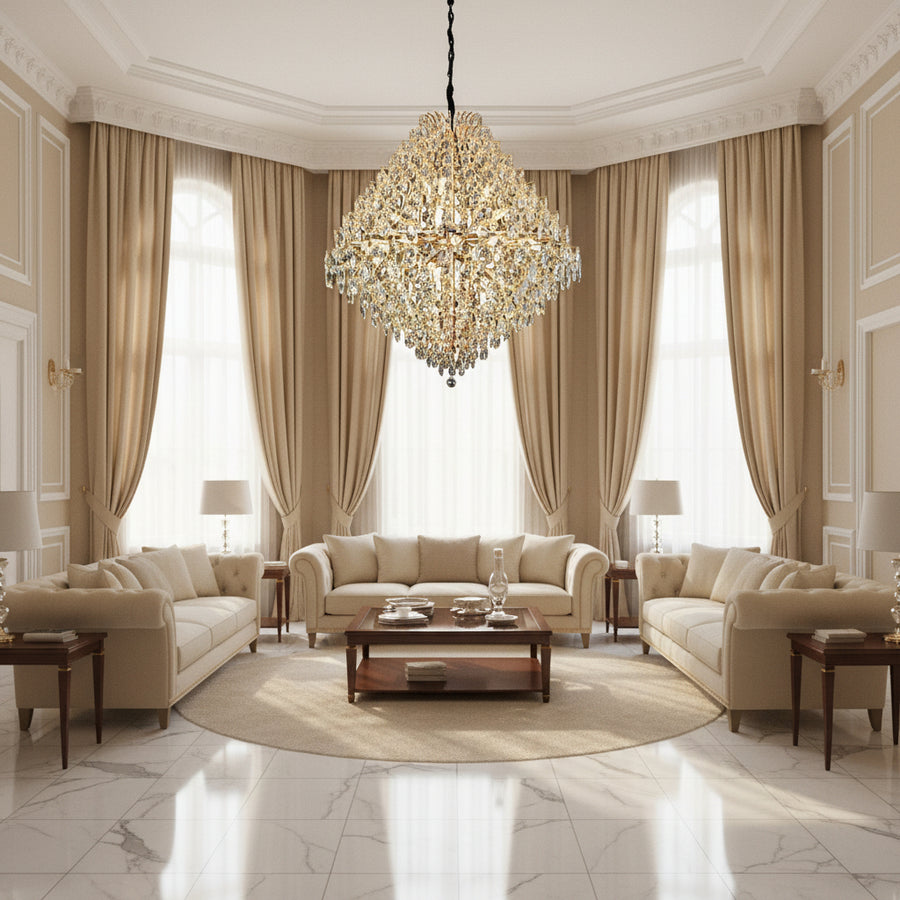 Πολυέλαιος KONIG Grande Crystal, 32xE14, D120 cm, Χρυσός, Ρυθμιζόμενο Ύψος, Μέταλλο και Κρύσταλλο