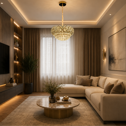 Πολυέλαιος BANO Eleganza Crystal, 60W, 7xE14, Κρύο/Ζεστό/Ουδέτερο φως, Ρυθμιζόμενο ύψος, Μέταλλο και Κρύσταλλο, Χρυσό