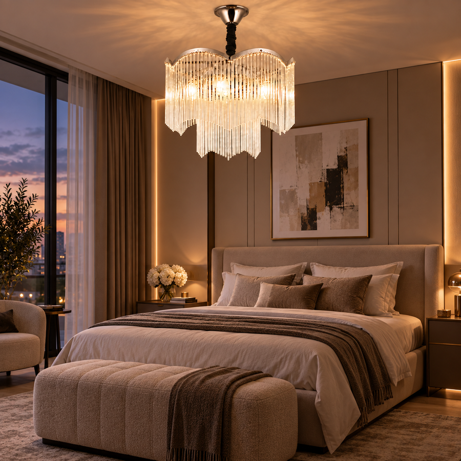 Κρυστάλλινος πολυέλαιος MEKELLE Elegance, 8x E14, Διάμετρος 50cm, Μέταλλο και Κρύσταλλο, Γυαλιστερό χρώμιο, Ρυθμιζόμενο ύψος