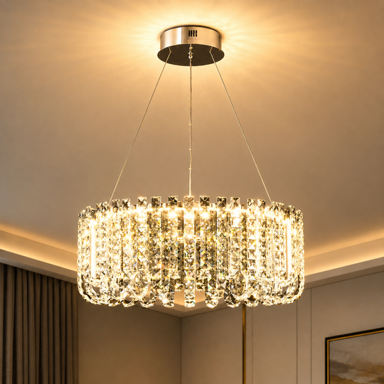 Κρυστάλλινος πολυέλαιος LED TURKMENABAT Elegance, Ø48cm, 27W, Κρύο/Ζεστό/Ουδέτερο φως, μέταλλο και κρύσταλλο, γυαλιστερό χρώμιο, ρυθμιζόμενο ύψος