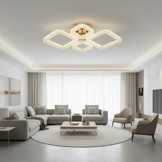 Πολυέλαιος LED RENATO Elegance με τηλεχειριστήριο και κρύσταλλο, 73W, 4 τετράγωνα, κρύο/θερμό/ουδέτερο φως, ρυθμιζόμενο, χρυσό