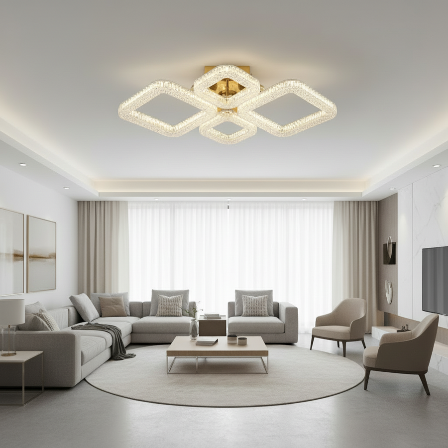 Πολυέλαιος LED RENATO Elegance με τηλεχειριστήριο και κρύσταλλο, 73W, 4 τετράγωνα, κρύο/θερμό/ουδέτερο φως, ρυθμιζόμενο, χρυσό