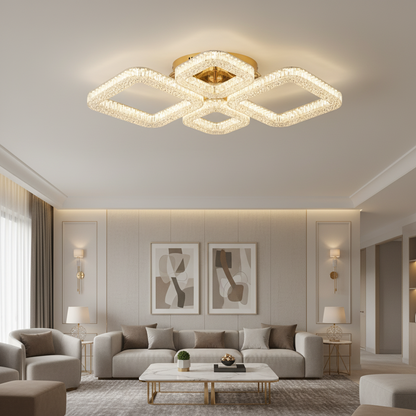 Πολυέλαιος LED RENATO Elegance με τηλεχειριστήριο και κρύσταλλο, 73W, 4 τετράγωνα, κρύο/θερμό/ουδέτερο φως, ρυθμιζόμενο, χρυσό