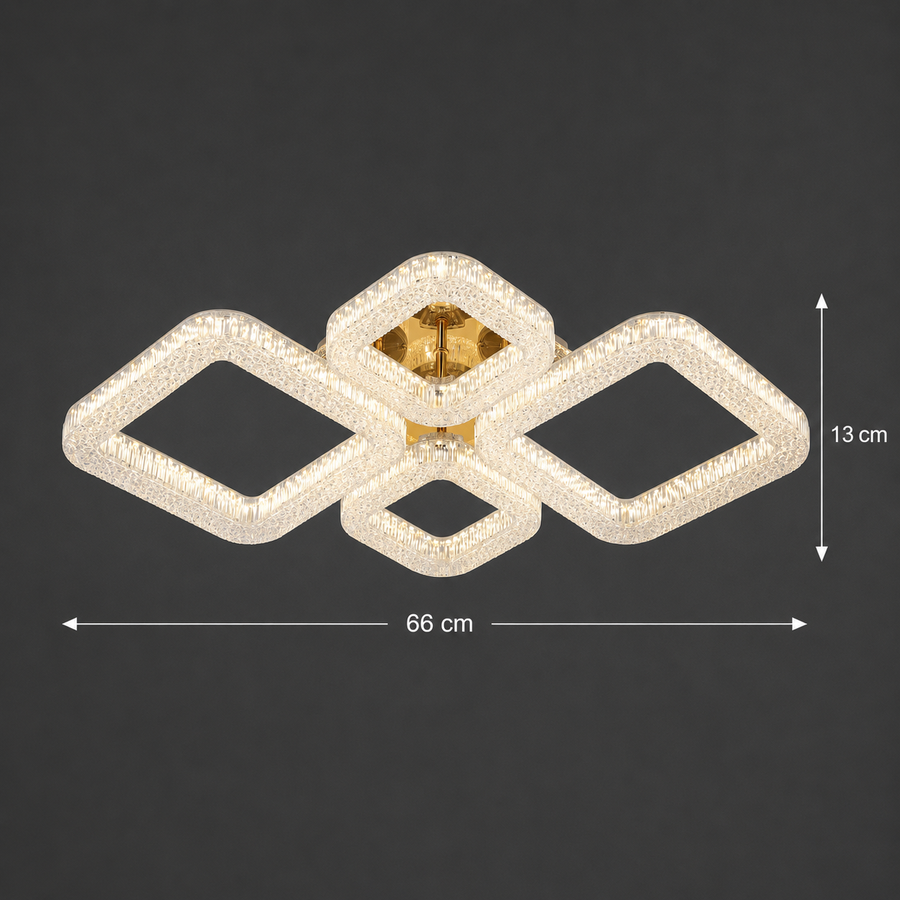 Πολυέλαιος LED RENATO Elegance με τηλεχειριστήριο και κρύσταλλο, 73W, 4 τετράγωνα, κρύο/θερμό/ουδέτερο φως, ρυθμιζόμενο, χρυσό