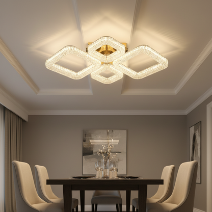 Πολυέλαιος LED RENATO Elegance με τηλεχειριστήριο και κρύσταλλο, 73W, 4 τετράγωνα, κρύο/θερμό/ουδέτερο φως, ρυθμιζόμενο, χρυσό