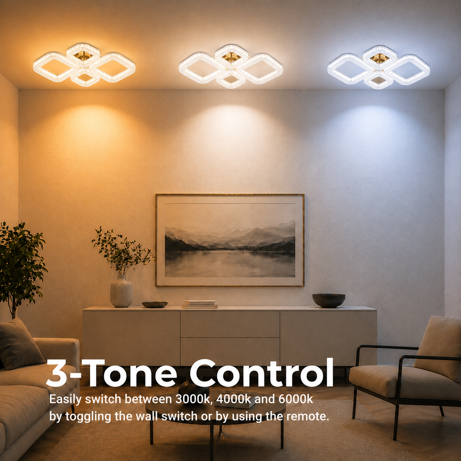 Πολυέλαιος LED RENATO Elegance με τηλεχειριστήριο και κρύσταλλο, 73W, 4 τετράγωνα, κρύο/θερμό/ουδέτερο φως, ρυθμιζόμενο, χρυσό