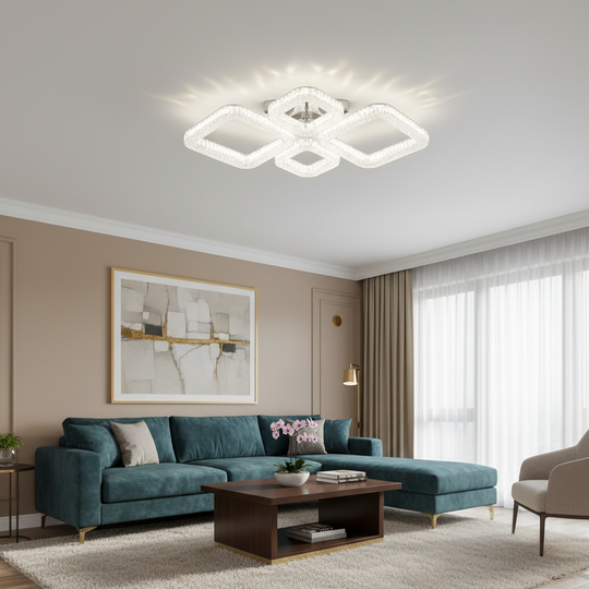 Πολυέλαιος LED MOND Elegance με τηλεχειριστήριο και κρύσταλλο, 72W, 4 τετράγωνα, κρύο/θερμό/ουδέτερο φως, ρυθμιζόμενο, λευκό
