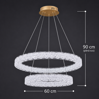 Πολυέλαιος SHELP Crystal LED με τηλεχειριστήριο, 64W, Θερμό/Ουδέτερο/Ψυχρό φως, Φ60 cm, Ρυθμιζόμενο Ύψος, Μέταλλο και Κρύσταλλο, Χρυσό