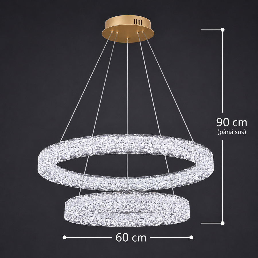 Πολυέλαιος SHELP Crystal LED με τηλεχειριστήριο, 64W, Θερμό/Ουδέτερο/Ψυχρό φως, Φ60 cm, Ρυθμιζόμενο Ύψος, Μέταλλο και Κρύσταλλο, Χρυσό