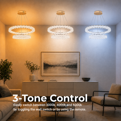Πολυέλαιος SHELP Crystal LED με τηλεχειριστήριο, 64W, Θερμό/Ουδέτερο/Ψυχρό φως, Φ60 cm, Ρυθμιζόμενο Ύψος, Μέταλλο και Κρύσταλλο, Χρυσό