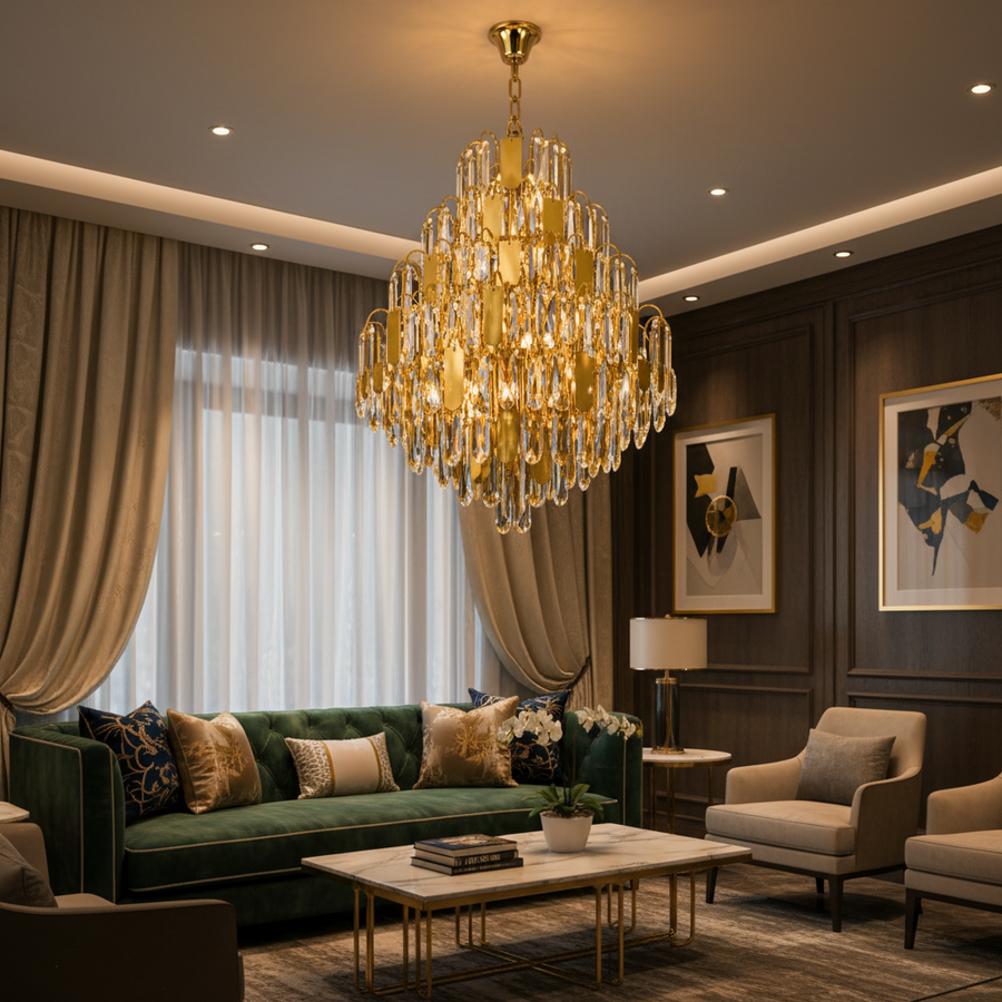 Crystal Chandelier TIER Eleganza 10xE14, D50 cm, Χρυσό, Ρυθμιζόμενο Ύψος, Metal and Crystal Crystal Chandeliers Προεπιλεγμένος τίτλος Alessandro Design