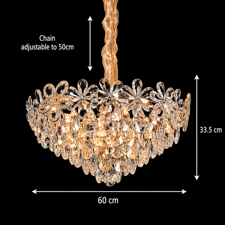 Magno Crystal Chandelier 11xE14, Διάμετρος 60cm, Γυαλιστερό Χρυσό, Ρυθμιζόμενο Ύψος, Μέταλλο και Κρύσταλλο