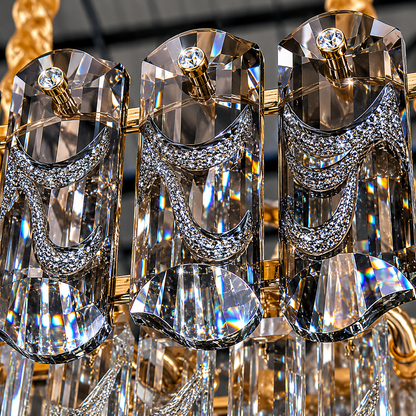 Crystal Chandelier AURUM Elegance 9xE14, Διάμετρος 50cm, Ύψος 35cm, Γυαλιστερό Χρυσό, Ρυθμιζόμενο Ύψος, Κομψή σχεδίαση