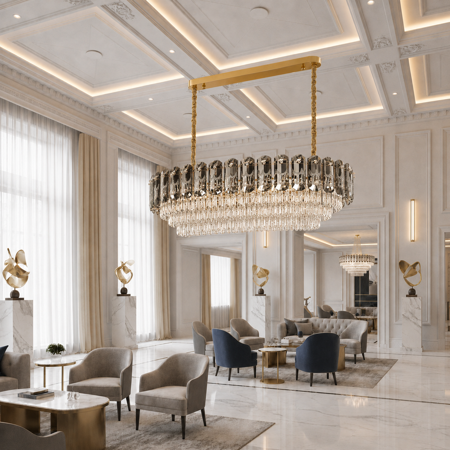 Crystal Chandelier AURUM Supremo 13xE14, Διαστάσεις 85x35cm, Ύψος 41cm, Γυαλιστερό Χρυσό, Ρυθμιζόμενο Ύψος, Κομψή σχεδίαση