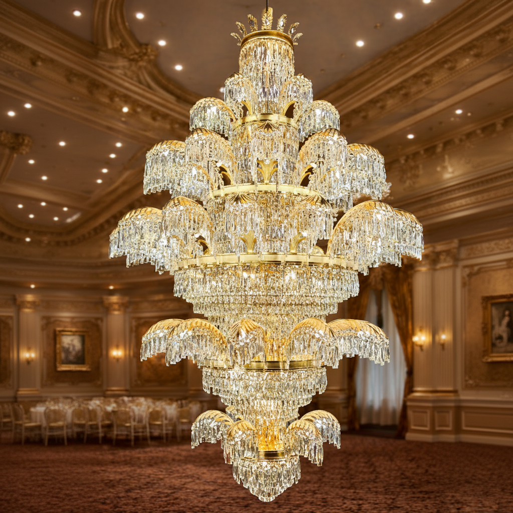 Crystal Chandelier PALACE Grande, 52 μπράτσα, 96xG9, Διάμετρος 150cm, Ύψος 230cm, Γυαλιστερό χρυσό, Ρυθμιζόμενο ύψος, Κομψή σχεδίαση Crystal Chandeliers Προεπιλεγμένος τίτλος Alessandro Design