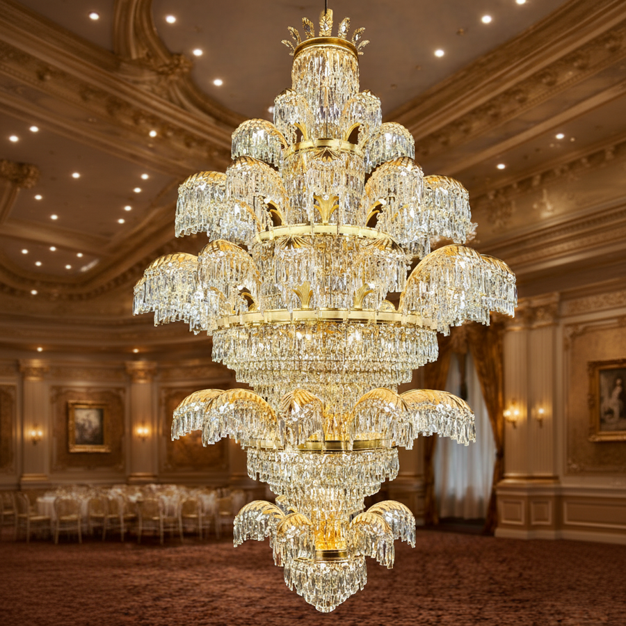 Crystal Chandelier PALACE Grande, 52 μπράτσα, 96xG9, Διάμετρος 150cm, Ύψος 230cm, Γυαλιστερό χρυσό, Ρυθμιζόμενο ύψος, Κομψή σχεδίαση Crystal Chandeliers Προεπιλεγμένος τίτλος Alessandro Design