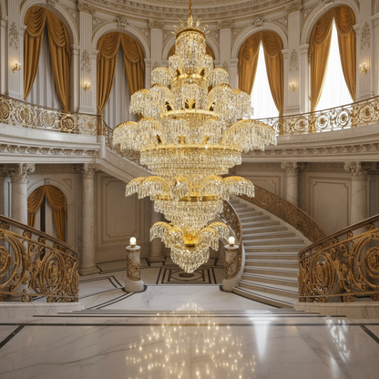 Crystal Chandelier PALACE Grande, 52 μπράτσα, 96xG9, Διάμετρος 150cm, Ύψος 230cm, Γυαλιστερό χρυσό, Ρυθμιζόμενο ύψος, Κομψή σχεδίαση Crystal Chandeliers Προεπιλεγμένος τίτλος Alessandro Design