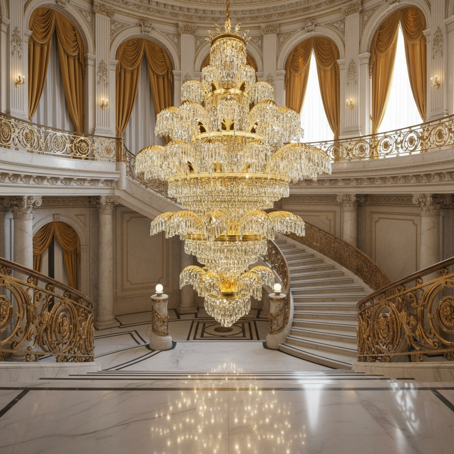 Crystal Chandelier PALACE Grande, 52 μπράτσα, 96xG9, Διάμετρος 150cm, Ύψος 230cm, Γυαλιστερό χρυσό, Ρυθμιζόμενο ύψος, Κομψή σχεδίαση Crystal Chandeliers Προεπιλεγμένος τίτλος Alessandro Design