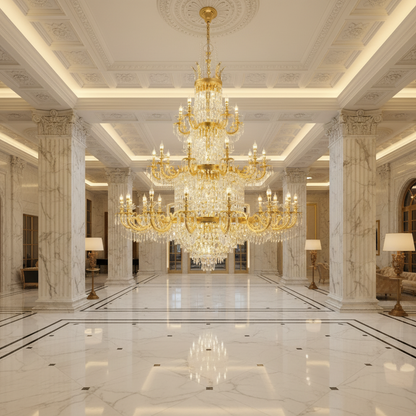 Crystal Chandelier, 54xE14, Διάμετρος 150cm, Ύψος 230cm, Γυαλιστερό χρυσό, Ρυθμιζόμενο ύψος, Κομψή σχεδίαση Crystal Chandelier Προεπιλεγμένος τίτλος Alessandro Design