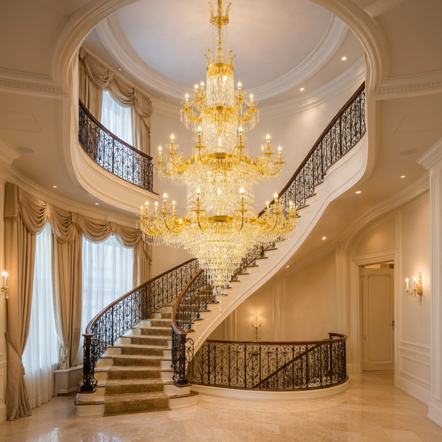Crystal Chandelier, 54xE14, Διάμετρος 150cm, Ύψος 230cm, Γυαλιστερό χρυσό, Ρυθμιζόμενο ύψος, Κομψή σχεδίαση Crystal Chandelier Προεπιλεγμένος τίτλος Alessandro Design