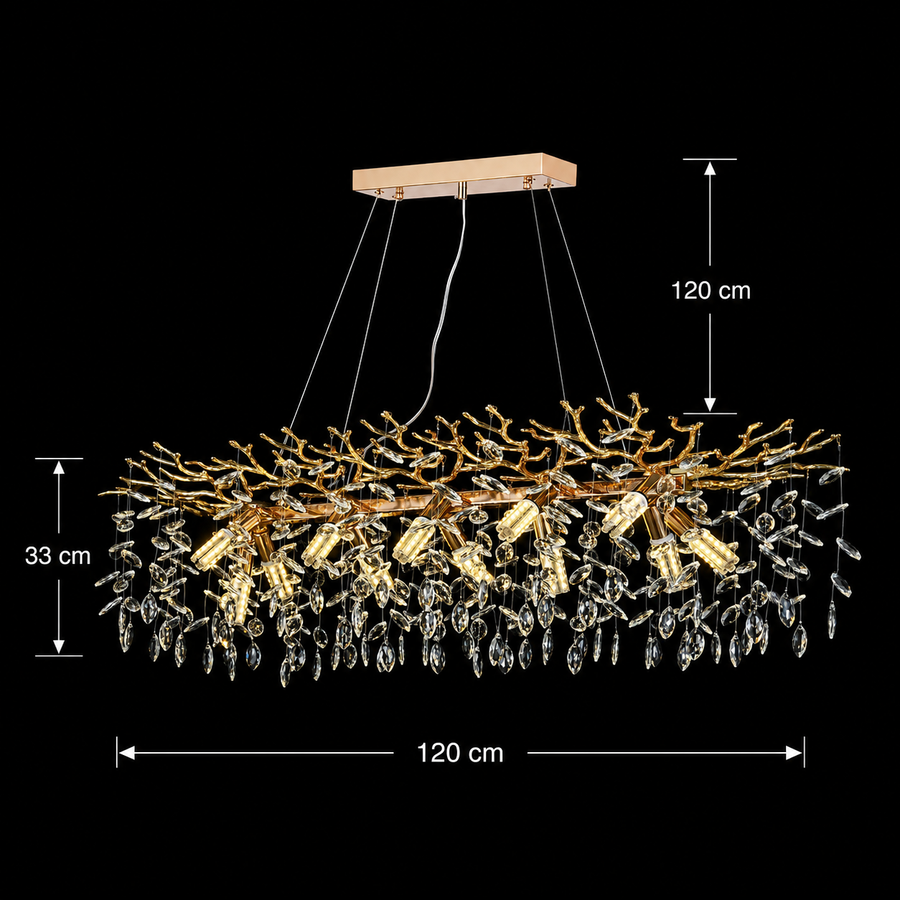 Crystal Chandelier LEAF Supremo, 120x40cm, 12xE14, Gold, Metal and Crystal