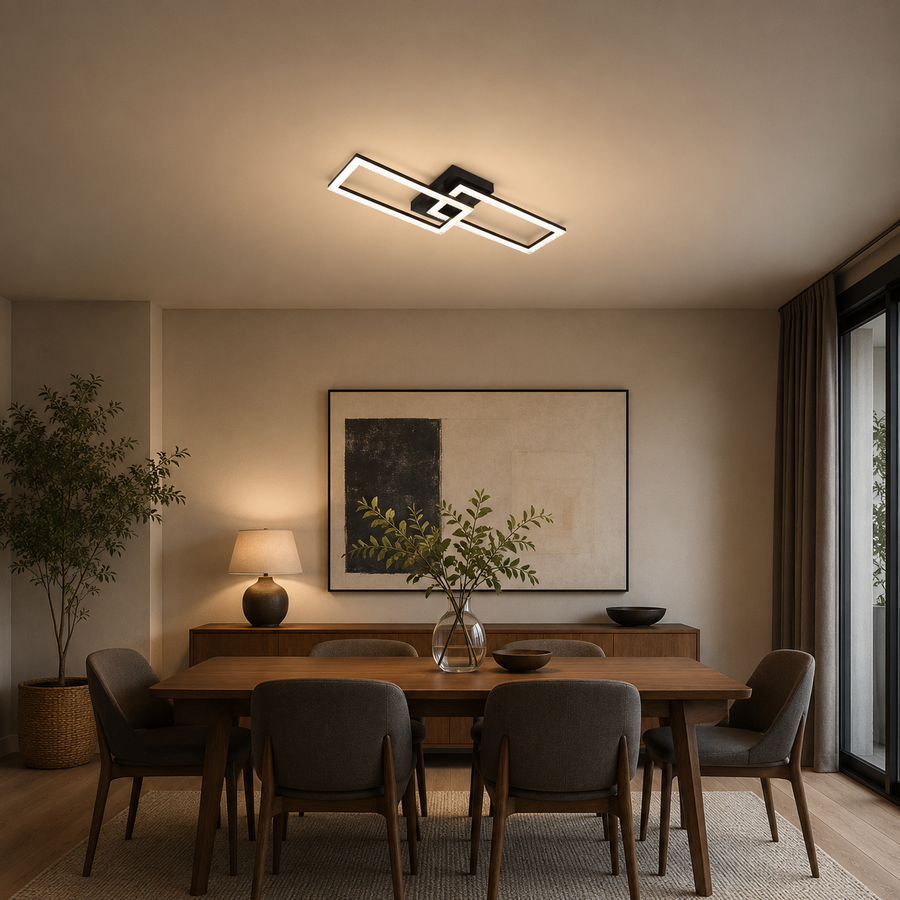 Πολυέλαιος LED με τηλεχειριστήριο BANDO 38W, 2 κρέμες, Κρύο/Ζεστό/Ουδέτερο φως, Ρυθμιζόμενο, Μαύρο, Μεταλλικό και Ακρυλικό