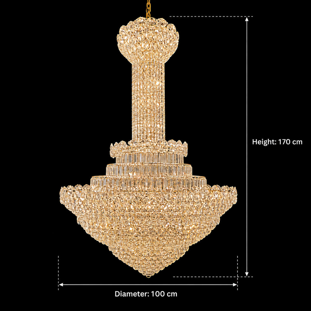 Crystal Chandelier PALAIS Supremo 34xE14, Διάμετρος 100cm, Ύψος 170cm, Γυαλιστερό χρυσό, Ρυθμιζόμενο ύψος, Κομψή σχεδίαση Crystal Chandelier Προεπιλεγμένος τίτλος Alessandro Design