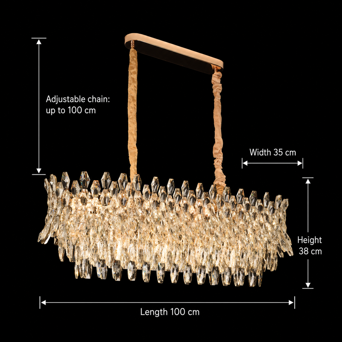 Crystal Chandelier MONARCH Supremo 14xE14, Μέγεθος 100x35 cm, Ύψος 38 cm, Γυαλιστερό χρυσό, Ρυθμιζόμενο ύψος, Κομψή σχεδίαση Crystal Chandelier Προεπιλεγμένος τίτλος Alessandro Design