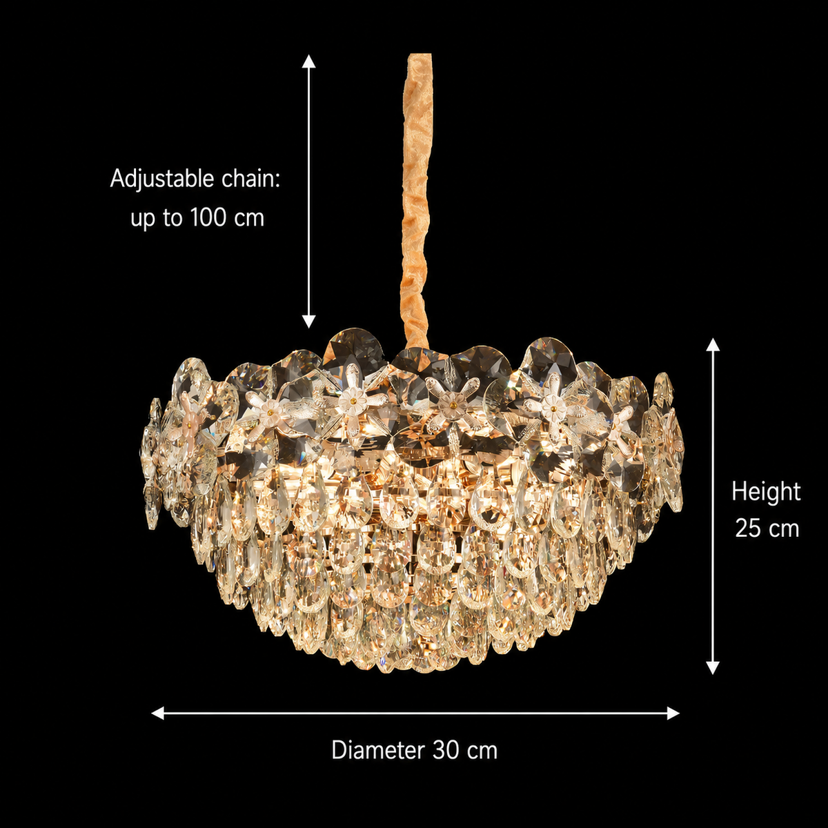 Crystal Chandelier JARDIN Petito 3xG9, Διάμετρος 30cm, Ύψος 25cm, Γυαλιστερό χρυσό, Ρυθμιζόμενο ύψος, Κομψή σχεδίαση Crystal Chandelier Προεπιλεγμένος τίτλος Alessandro Design