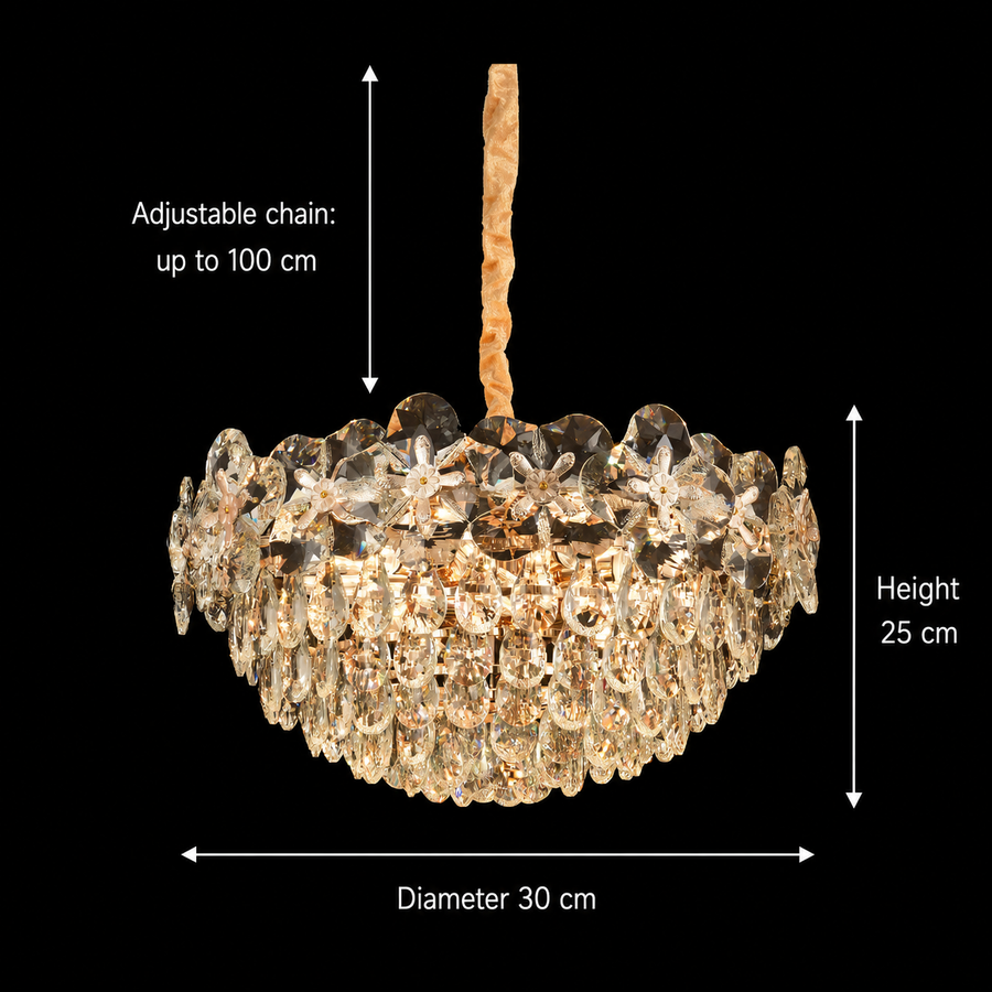 Crystal Chandelier JARDIN Petito 3xG9, Διάμετρος 30cm, Ύψος 25cm, Γυαλιστερό χρυσό, Ρυθμιζόμενο ύψος, Κομψή σχεδίαση Crystal Chandelier Προεπιλεγμένος τίτλος Alessandro Design