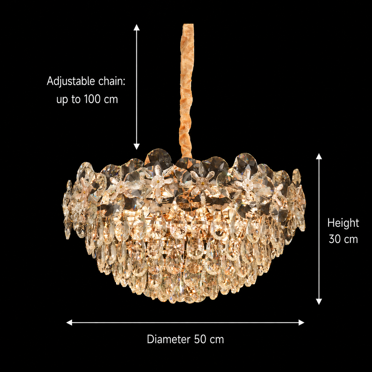 Crystal Chandelier JARDIN Eleganza 9xE14, Διάμετρος 50cm, Ύψος 30cm, Γυαλιστερό χρυσό, Ρυθμιζόμενο ύψος, Κομψή σχεδίαση Crystal Chandeliers Προεπιλεγμένος τίτλος Alessandro Design